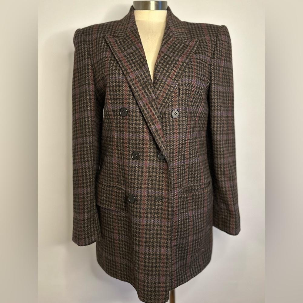 Double-Breasted Plaid Blazer Jacket in Brown and Purple Houndstooth